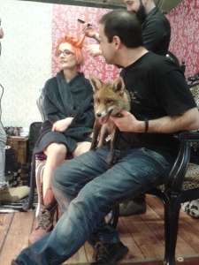 Cherry the Fox and model Ulorin Vex have a bonding session pre-shoot. Gaining any animals trust is paramount if you want it to play your game in front of the camera.  